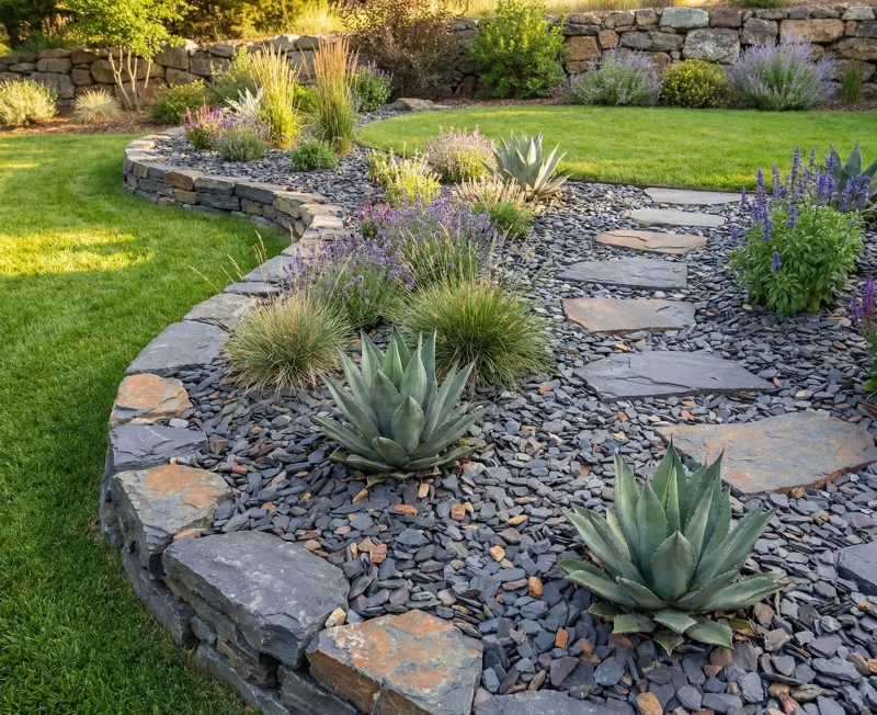 Decorative slate rock ground cover paired with large stone stepping pads in a drought smart residential landscape.