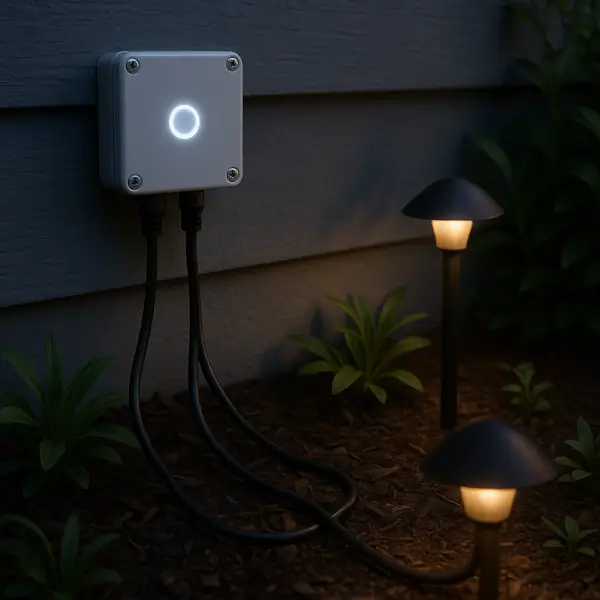 Smart lighting hub on exterior wall connected to low-voltage path lights in garden