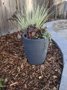 Modern gray planter with ornamental grasses, trailing vines, and colorful foliage next to a curved stone retaining wall.