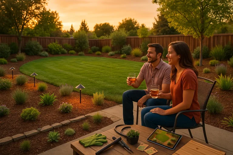 A beautifully irrigated backyard at sunset with lush green grass, thriving native plants in mulched beds, and retracted sprinkler heads. A couple enjoys drinks on a small patio, surrounded by soft ambient lighting and peaceful landscaping.