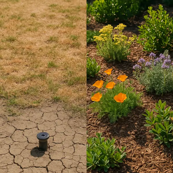 Comparison of a dry patchy lawn and a healthy native plant bed with mulch