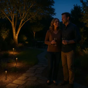 A smiling couple stands in their backyard at twilight, holding drinks and admiring warm LED path lights along a stone walkway, soft uplighting on mature trees, and gentle illumination around a seating area. The sky fades into blue hour, creating a cozy, elegant atmosphere.