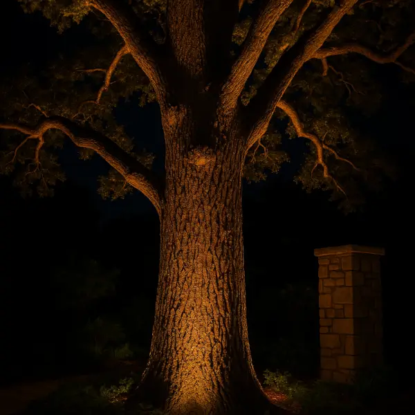 Mature oak tree trunk uplit at night with warm narrow beam light