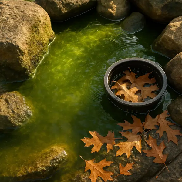 Algae buildup and leaf debris in a backyard water feature during a hot Orangevale summer