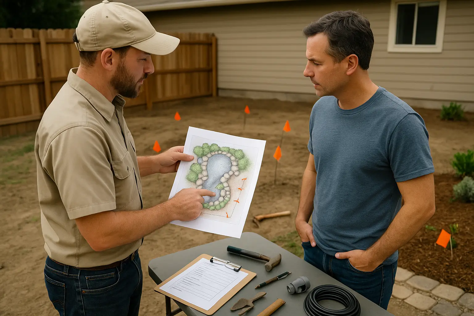 A landscape foreman shows a printed water feature layout to a homeowner during an on-site consultation. They stand near orange flag markers outlining the area. A folding table nearby holds a checklist clipboard and tools under midday lighting.