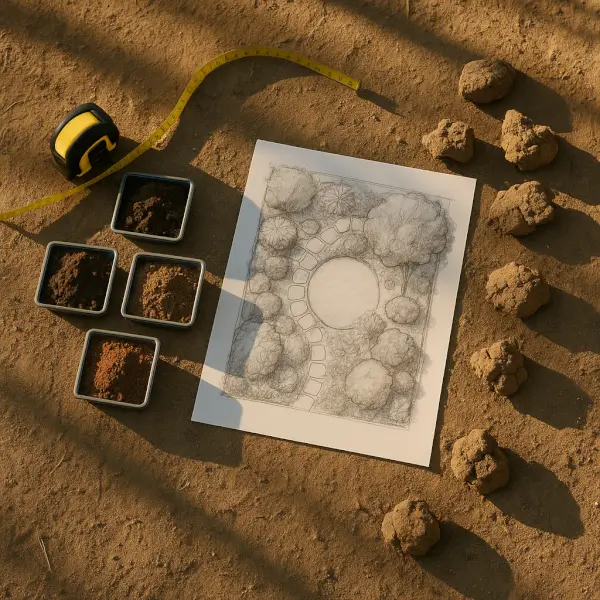 Overhead soil samples, sketch, and measuring tape during yard planning assessment