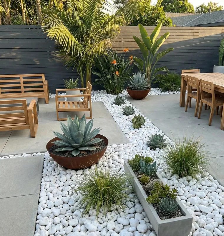 Modern landscape patio featuring white pebble rock ground cover, concrete walkways, and drought tolerant plants in a Sacramento residential yard.