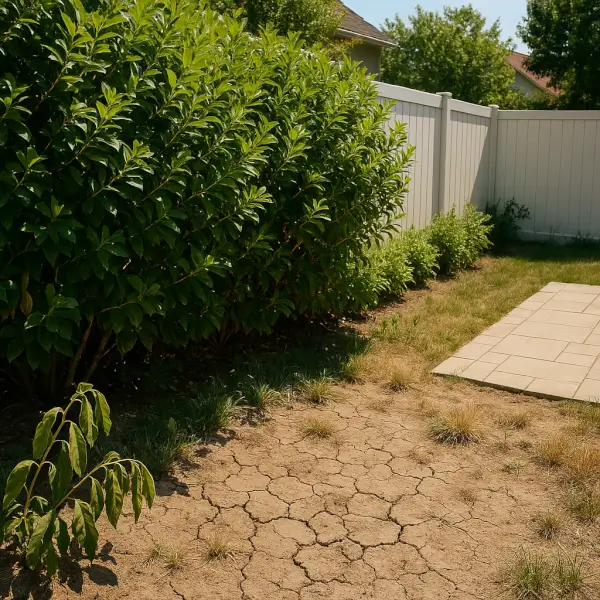 Overcrowded shrubs and dry clay soil in a poorly planned yard