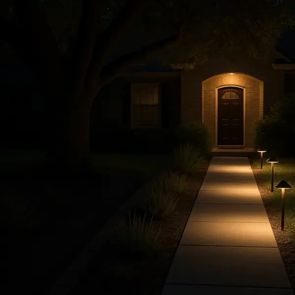 Front yard at night showing dark patches and evenly lit pathway from a custom lighting plan