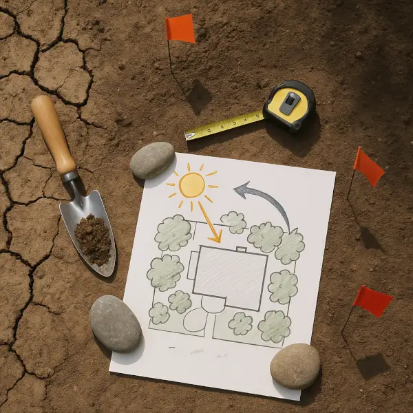 Clay soil sample, planning sketch, and marking flags showing site analysis for native landscape design
